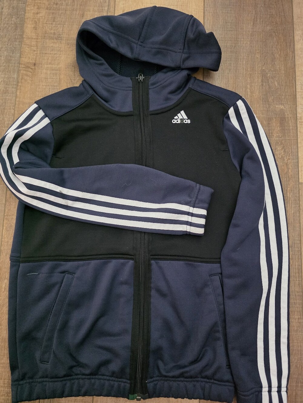 Adidas Grey & Black Kids Hooded Jacket with White Stripes - Boys Size 11/12